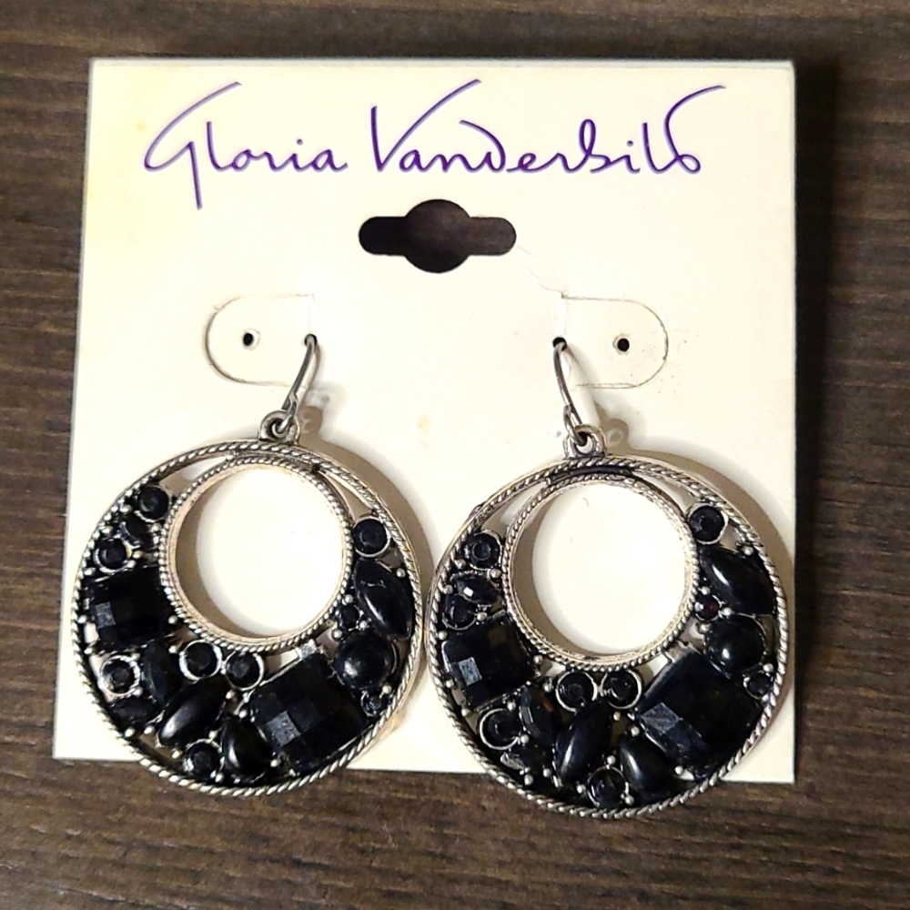 NWT Gloria Vanderbilt black and silver sparkly hoops earrings